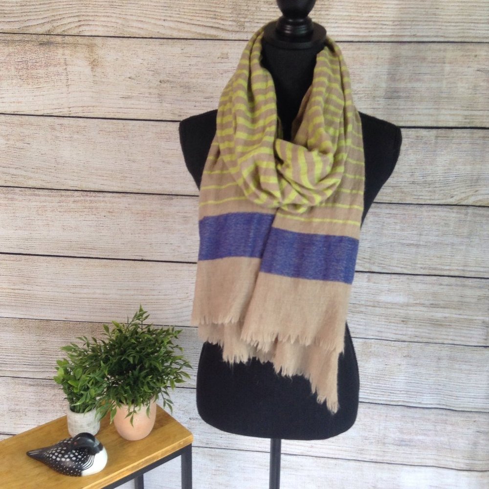 Tan Scarf/Wrap with Neon Yellow and Blue Stripes